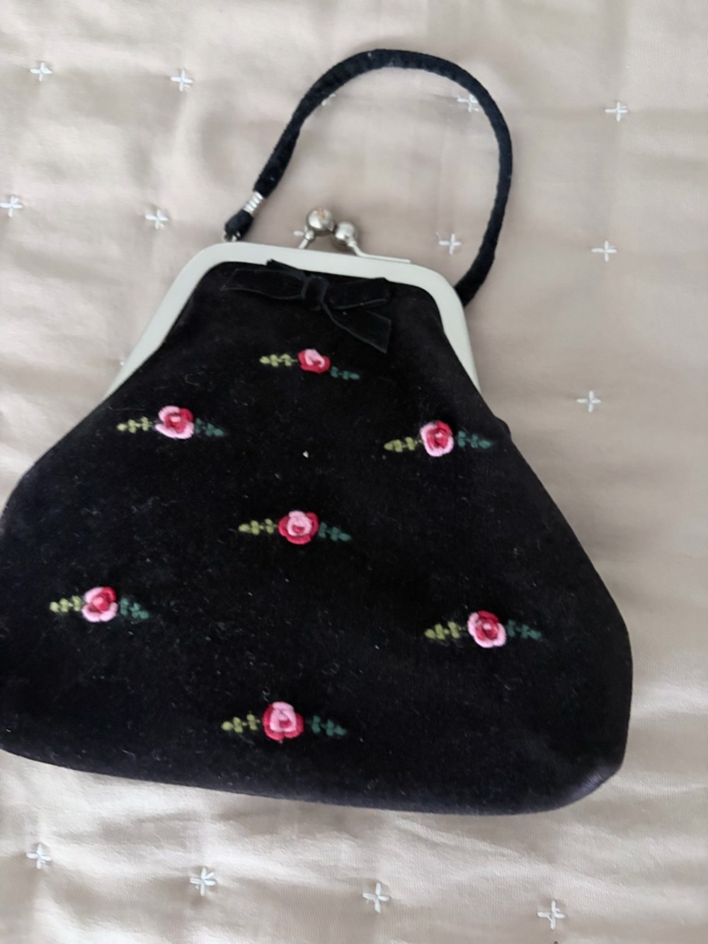 Black Velvet Embroidered Rose Wristlet Clutch